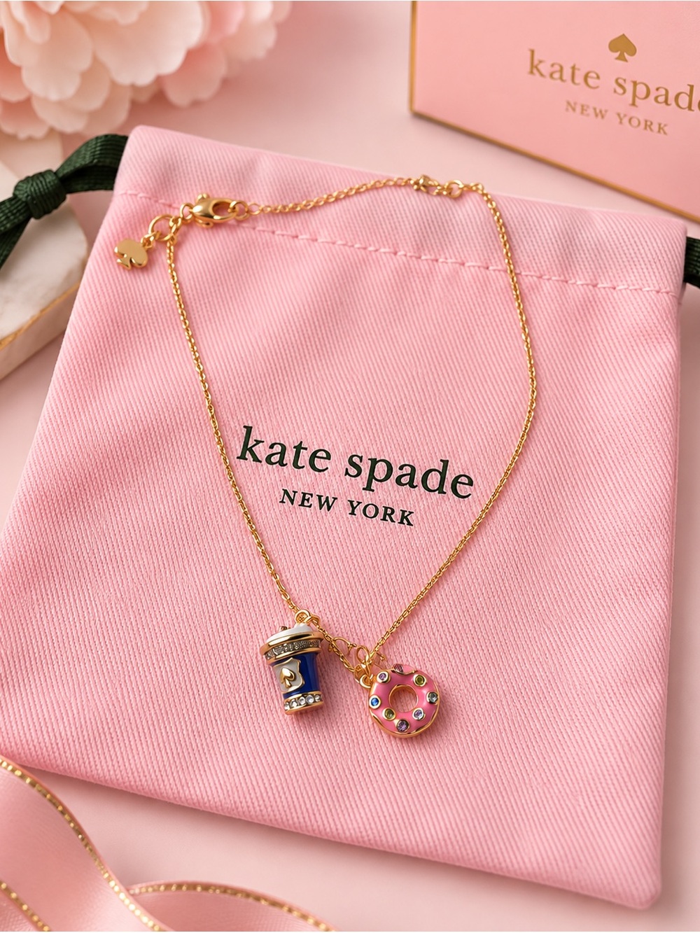 kate spade Gold Necklace with Pink Donut & Blue Drink Charms